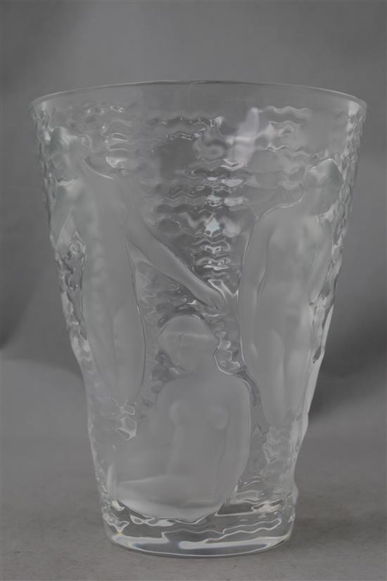 A Lalique Ondines conical glass vase, post-war, 24cm.